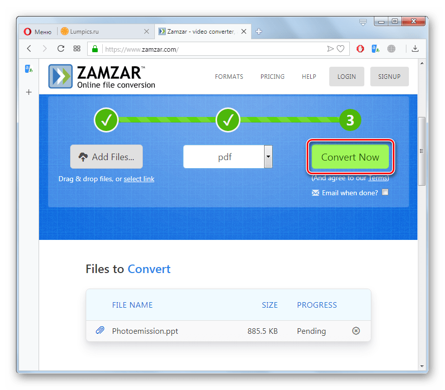 Запуск конвертации файла PPT в PDF на сайте Zamzar в браузере Opera