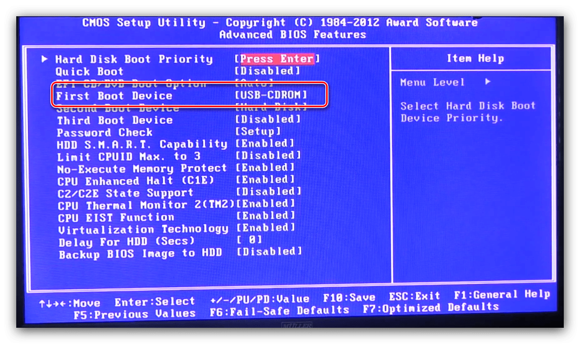 Список загрузки AWARD BIOS для установки диска в качестве основного носителя