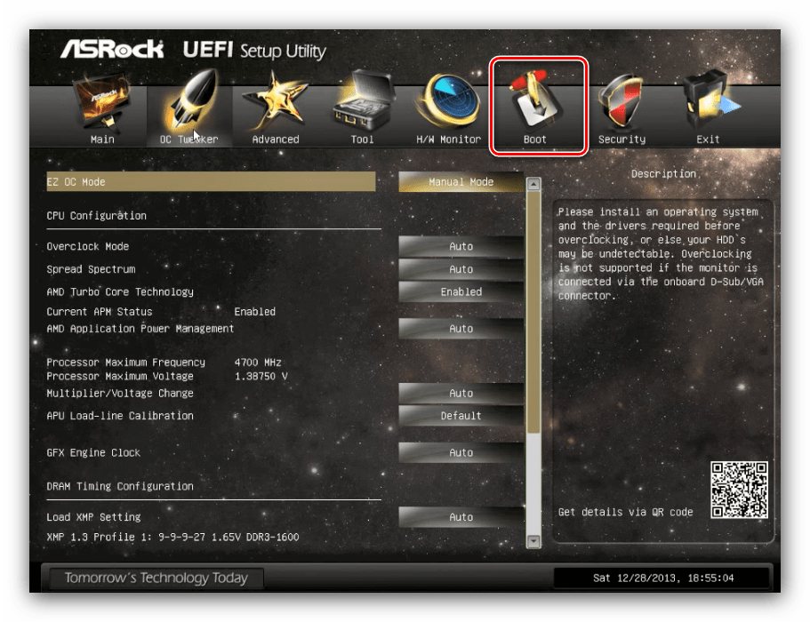 Выбрать загрузку в ASRock UEFI для установки диска в качестве основного носителя