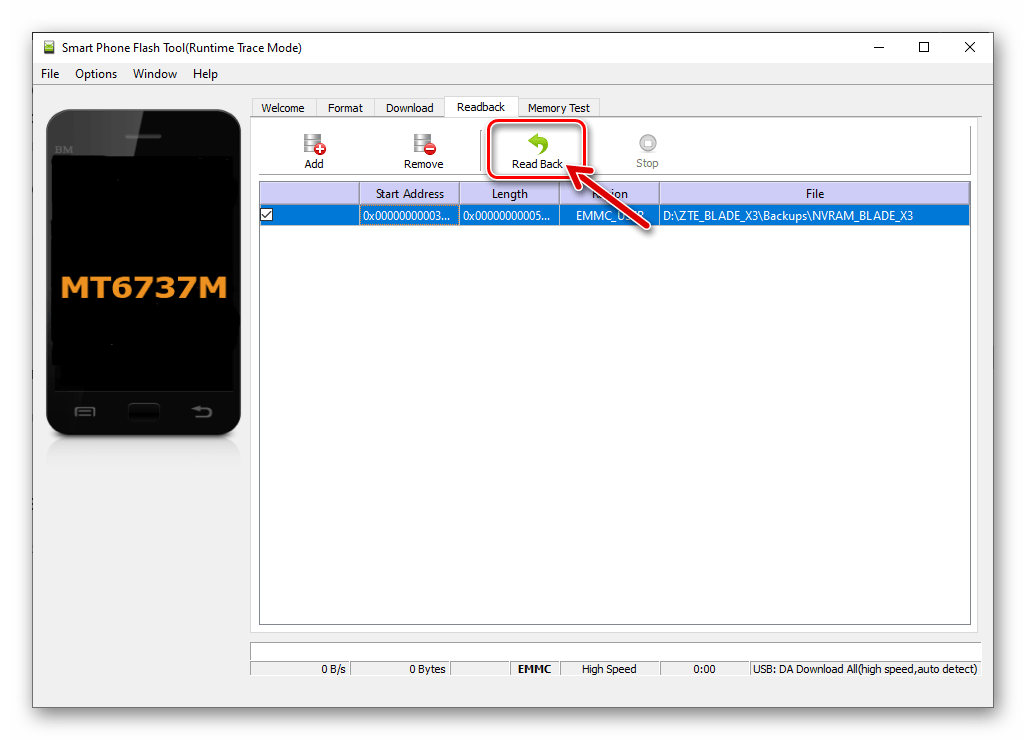 ZTE Blade X3 кнопка, инициирующая вычитку дампа NVRAM в окне SP Flash Tool