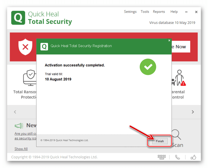 Quick Heal Total Security завершение активации приложения