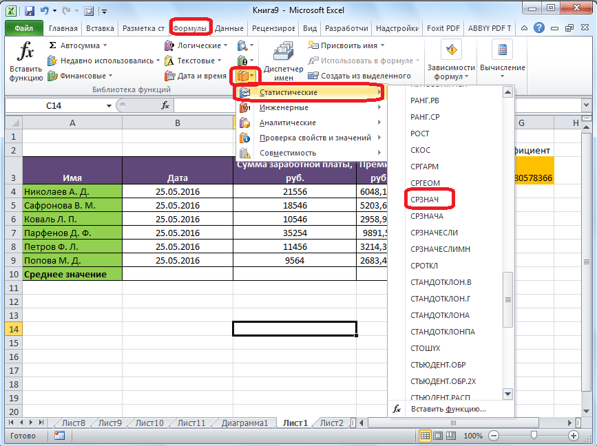Запуск функции СРЗНАЧ через панель формул в Microsoft Excel