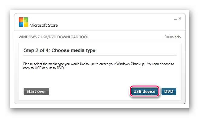 выбор USB в Windows USBDVD Download Tool