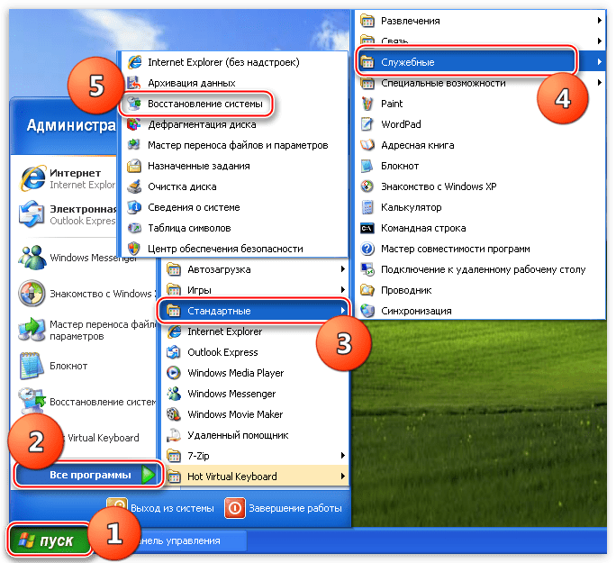 Доступ к утилите Восстановление системы при помощи стартового меню в операционной системе Windows XP