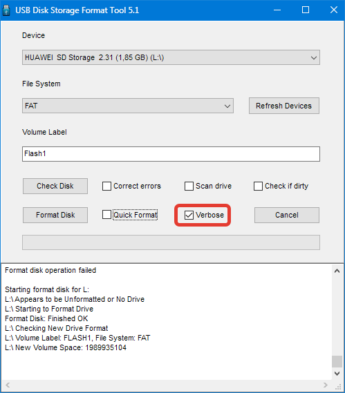 Многопроходное форматирование в HP USB Disk Storage Format Tool