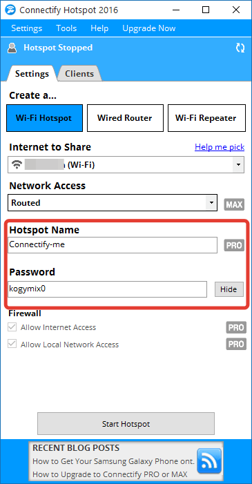 Установка логина и пароля в Connectify