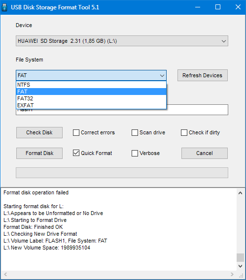 Выбор файловой системы в HP USB Disk Storage Format Tool