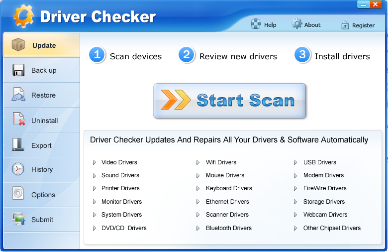 Главный экран в Driver Checker