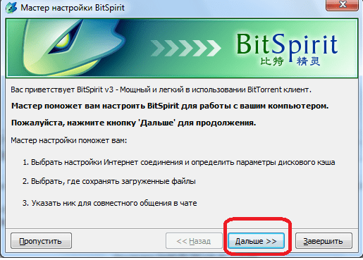 Мастер настройки программы  BitSpirit