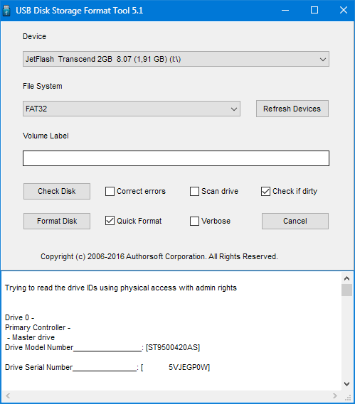 Окно программы hp usb disk storage format tool
