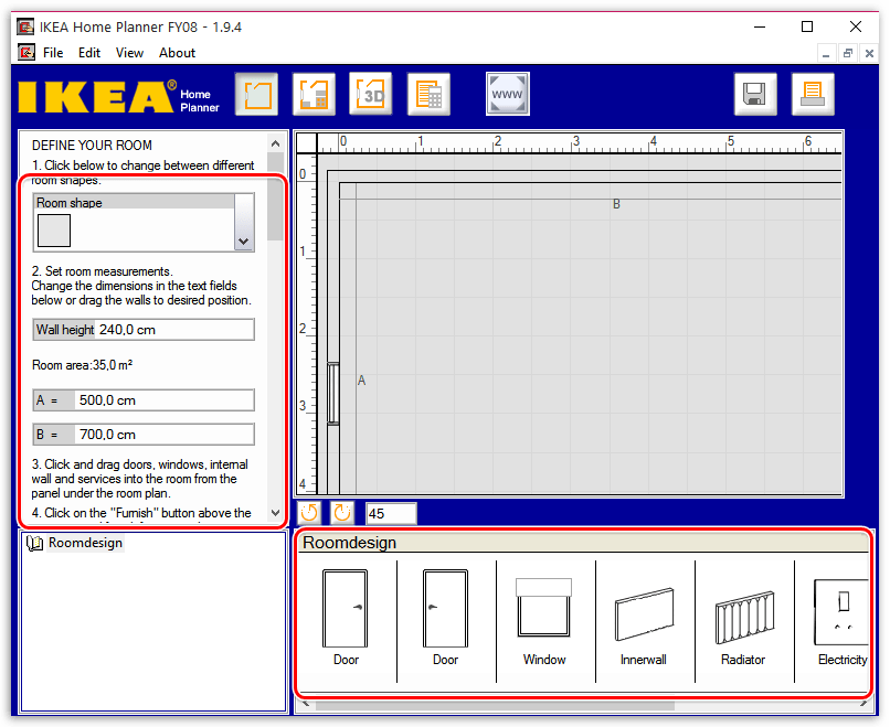 Составление базового плана комнаты в IKEA Home Planner