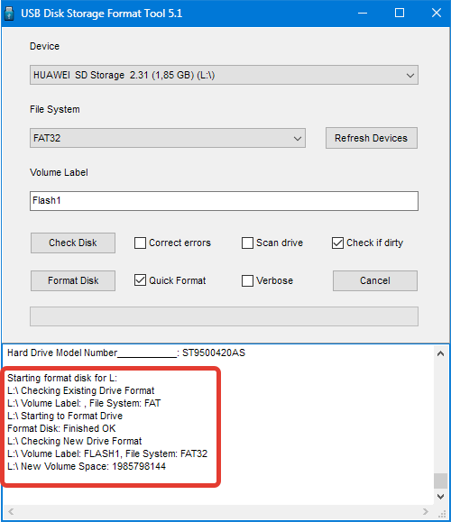 Завершение форматирования HP USB Disk Storage Format Tool