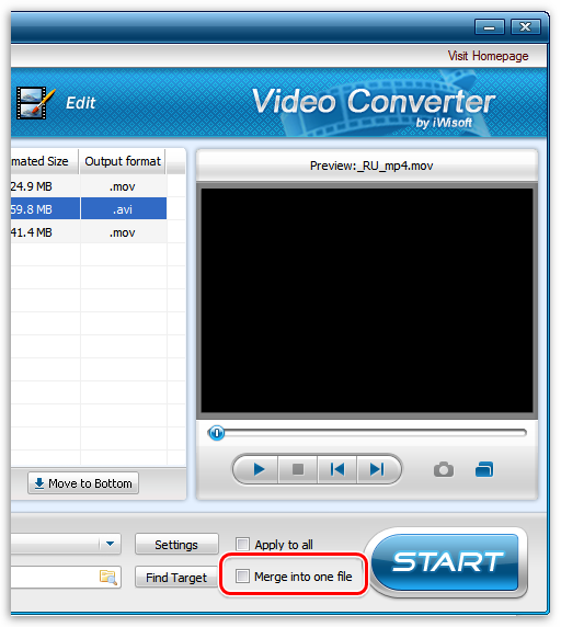 Объединение нескольких файлов в один в iWisoft Free Video Converter