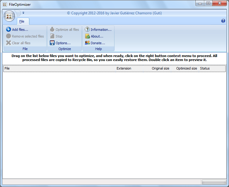 Стартовое окно программы FileOptimizer