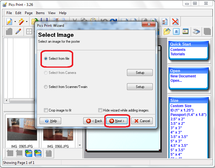 Выбор источника изображения в программе  Pics Print