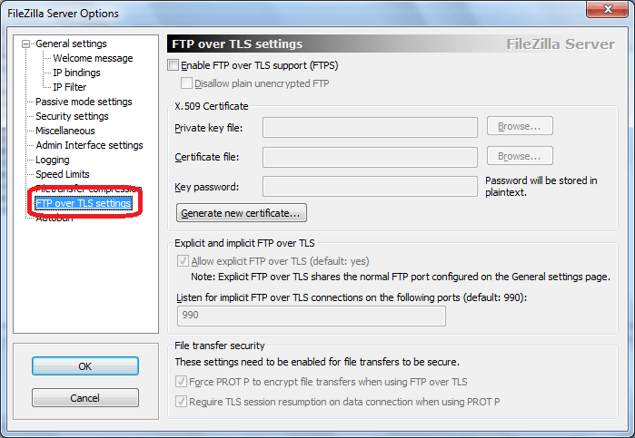 FTP over TLS settings программы FileZilla Server
