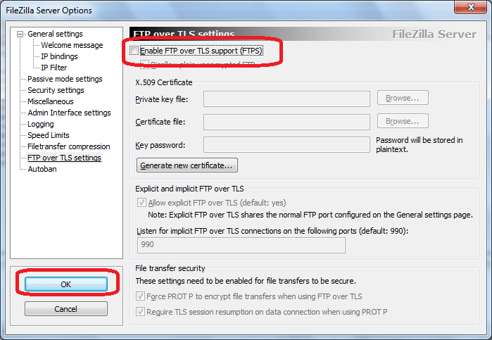 Отключение TLS в программе FileZilla Server