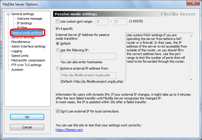 Passive mode setting программы FileZilla Server
