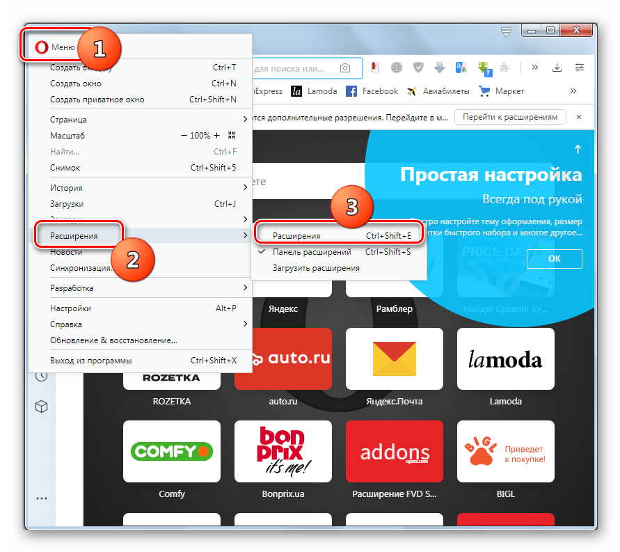 Переход к управлению расширениями через меню браузера Opera
