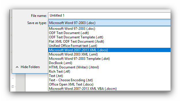 Поддерживаемые форматы сохранения LibreOffice