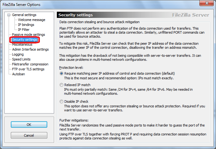 Security Settings программы FileZilla Server