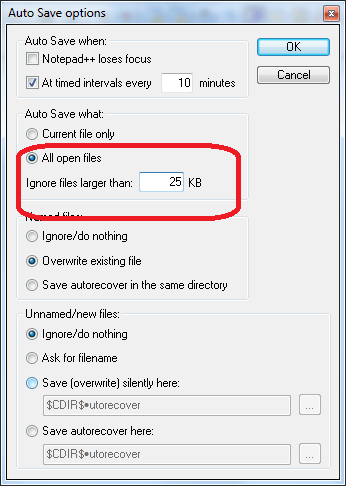 Указание миниального размера файла в плагине  Auto Save  в программе Notepad++