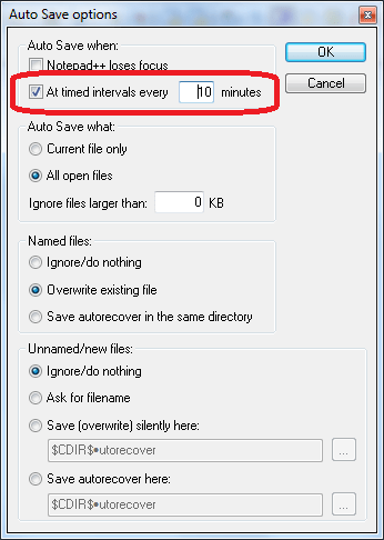 Установка времени сохранения файла в плагине  Auto Save  в программе Notepad++