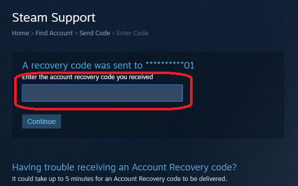 Ввод кода восстановления пароля от Steam
