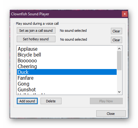 Выбор звуков для отправки во время голосового общения в Clownfish