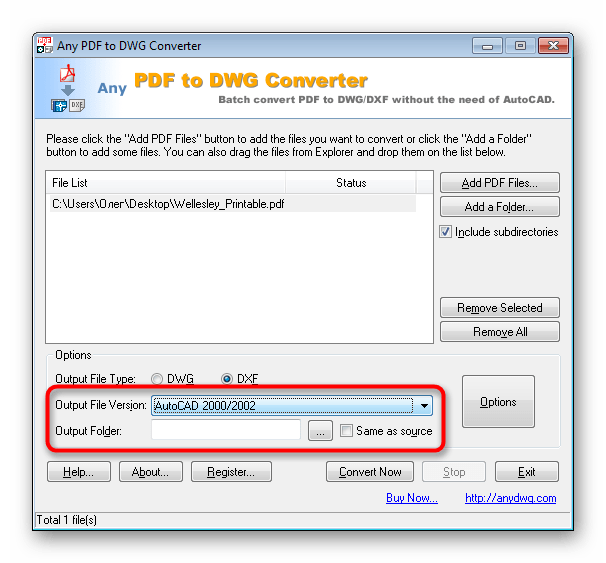 Выбрать место сохранения и версию программы в Any PDF to DWG Converter