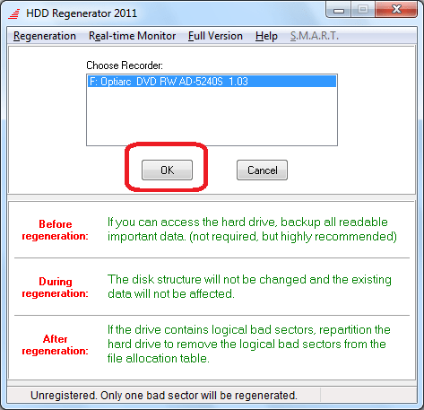 Выбор диска в дисководе в программе HDD Regenerator