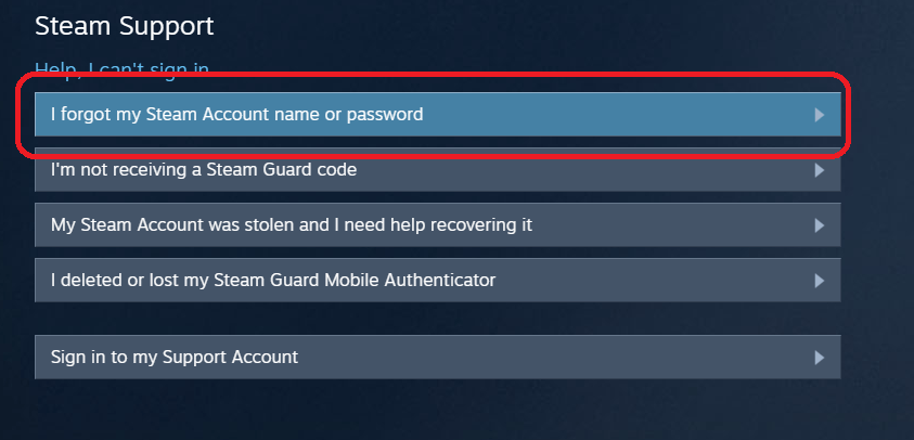 Выбор проблемы с забытым паролем в Steam