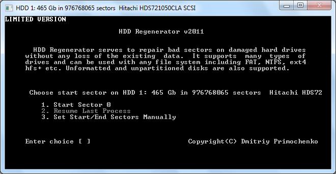 Выбор стартового сектора диска в программе HDD Regenerator