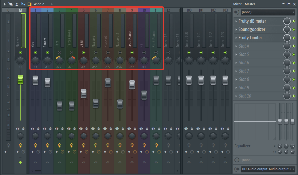 переименовать, закрасить микшер в FL Studio