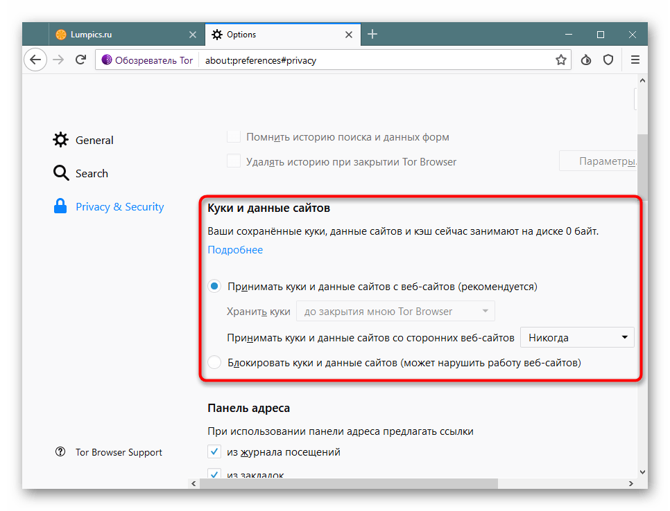 Настройка сохранения куки и данных сайтов в Tor Browser