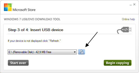 Выбор носителя из списка в программе Windows USB_DVD Download Tool