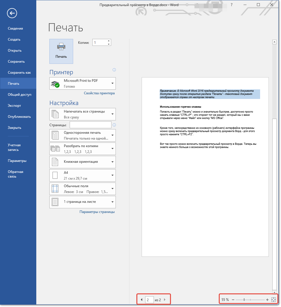 Как распечатать в ворде. Предварительный просмотр в Ворде. Предварительный просмотр страницы в Ворде. Параметры печати в Ворде. Настраиваемая печать Word.