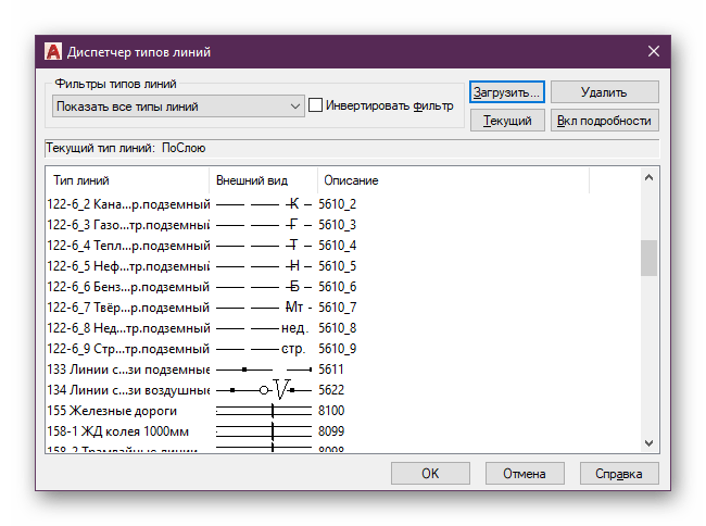 Окно управления стилями линий в программе AutoCAD