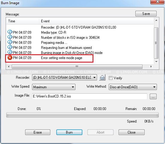 Ошибка setting write mode в UltraISO 