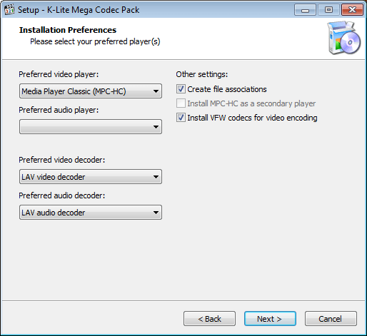Выбор предпочтений пакета инструментов K-Lite Codec Pack