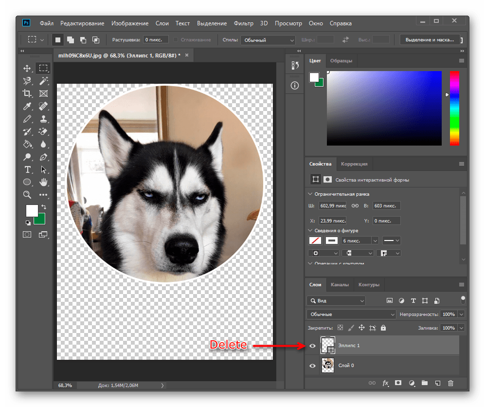 Удаление слоя с эллипсом-трафаретом в Adobe Photoshop