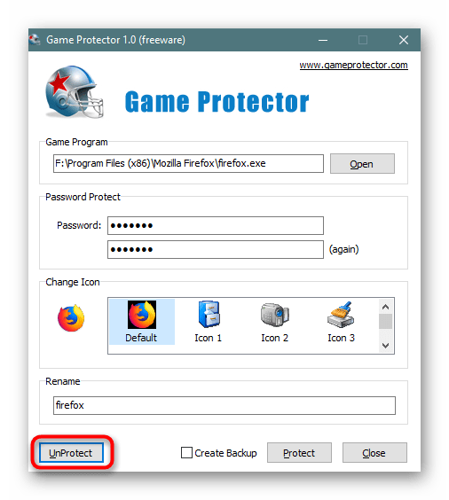 Кнопка снятия пароля с Mozilla Firefox в Game Protector