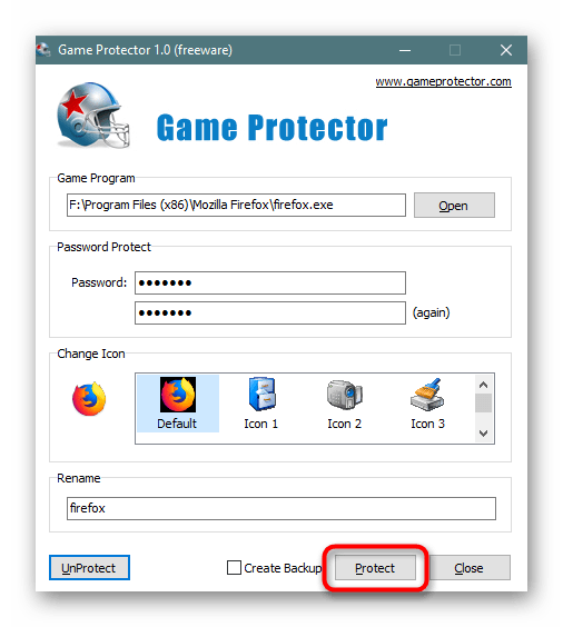 Кнопка установки пароля на Mozilla Firefox в Game Protector
