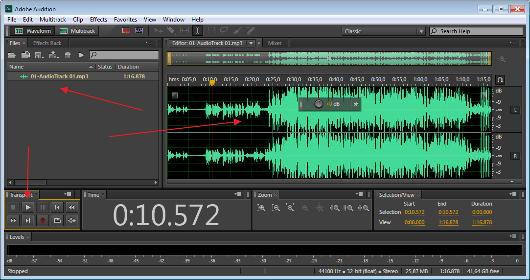 Прослушать звуковую дорожку в программе Adobe Audition
