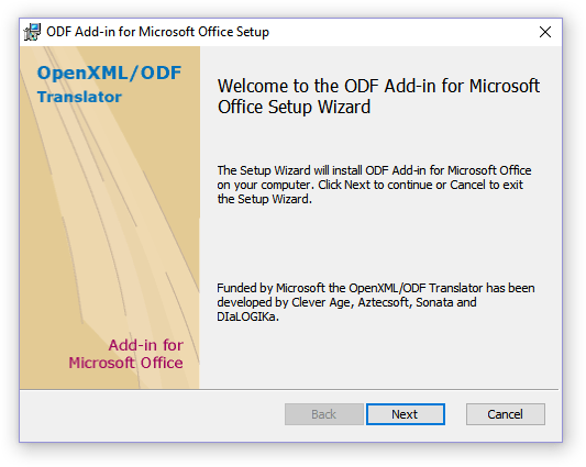 окно установки ODF Add-in for Microsoft Office Setup