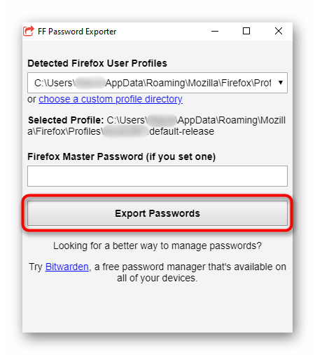 Старт экспорта паролей из Mozilla Firefox через FF Password Exporter