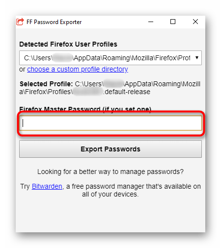 Ввод мастера-пароля при экспорте из Mozilla Firefox через FF Password Exporter