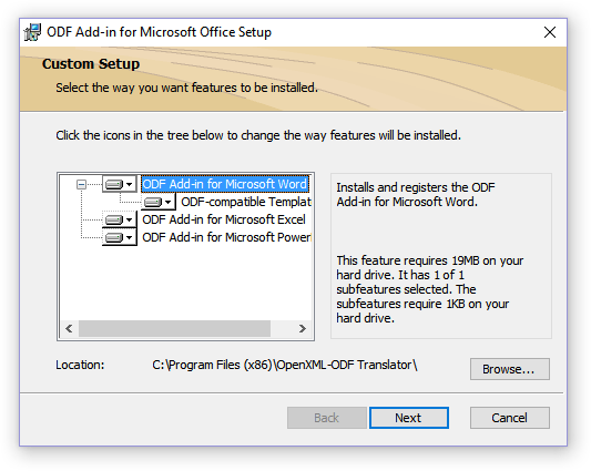 выбор места установки ODF Add-in for Microsoft Office Setup