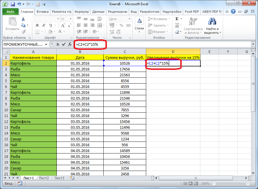 Формула для расчета процента для таблицы в программе Microsoft Excel