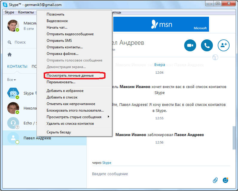 Просмотр личных данных пользователя в Skype